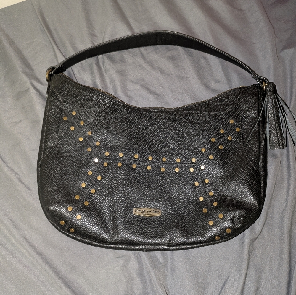 Harley Davidson Black Leather Studded Shoulder Bag